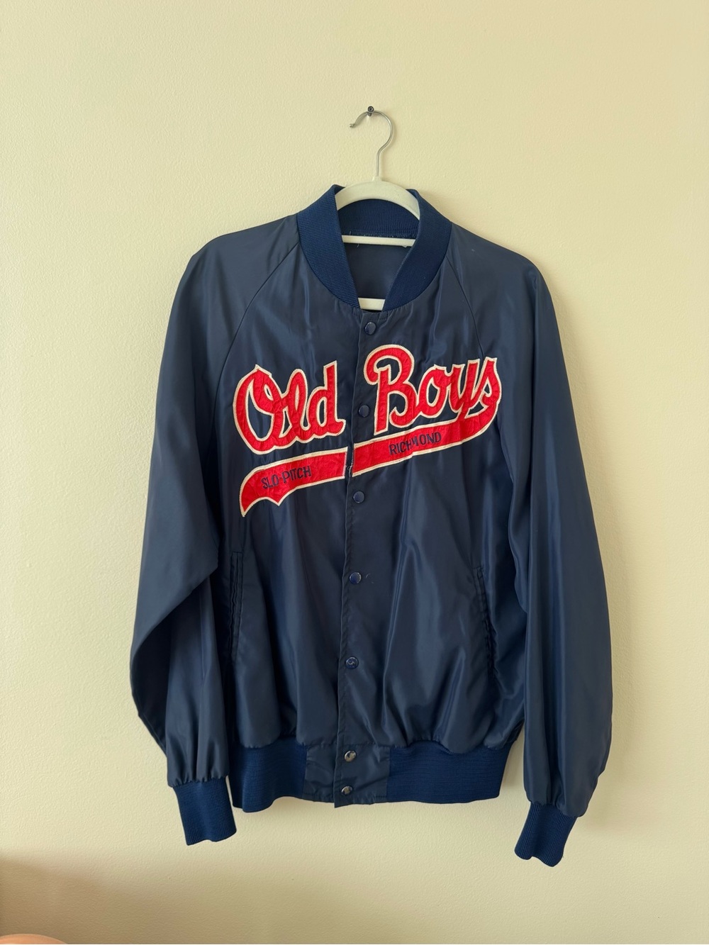 Vintage Old Boys Navy Bomber Jacket with Red Script